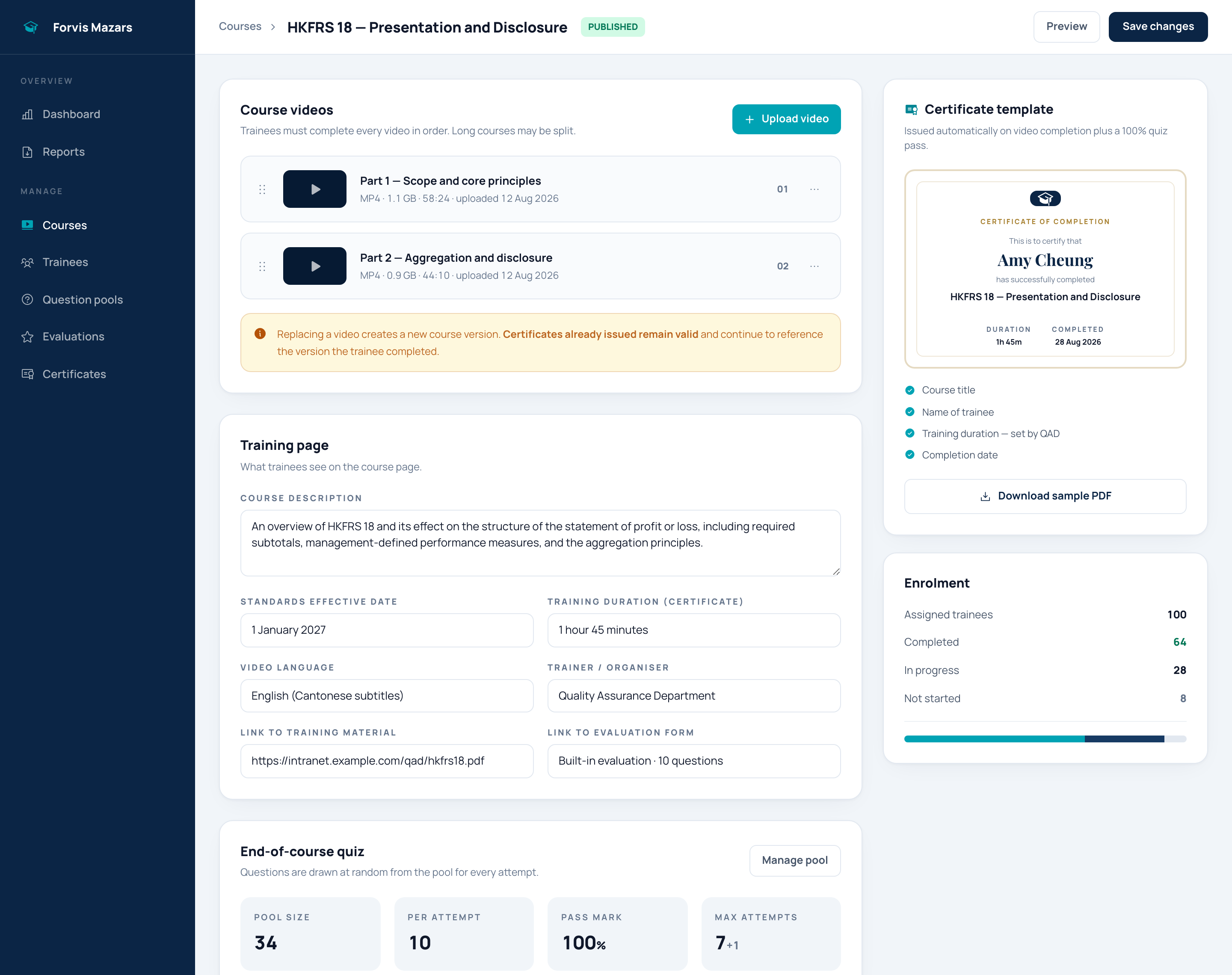 Course management and certificate template